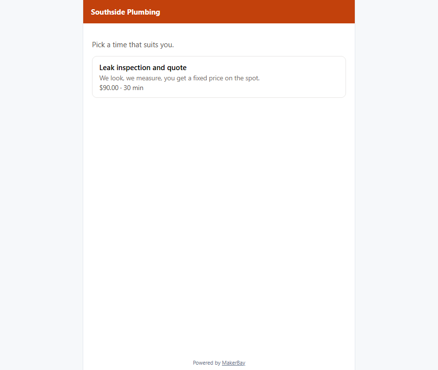 The booking flow where a customer picks a real free time slot
