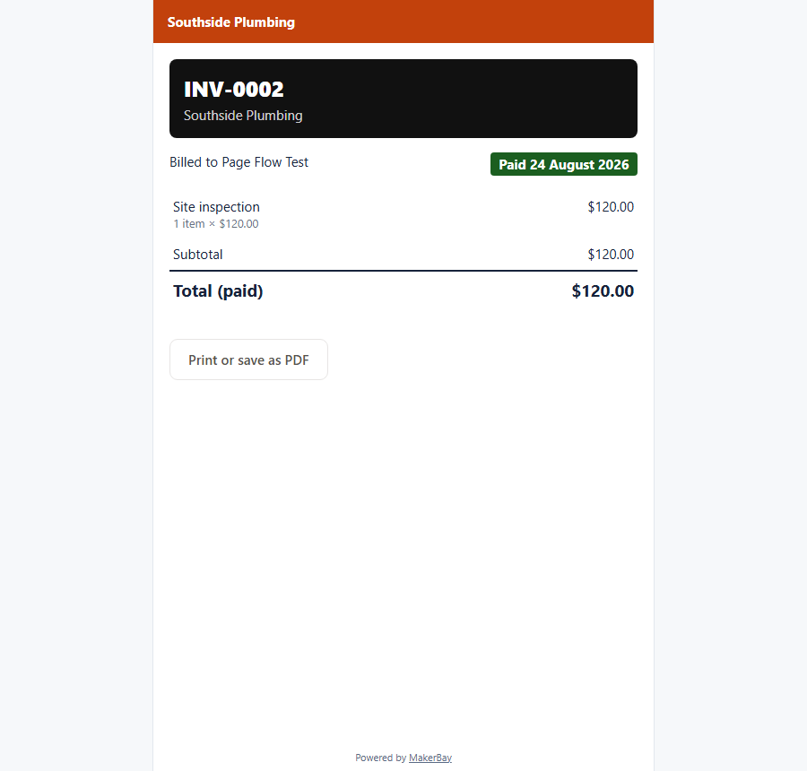 A printable invoice generated from an accepted quote