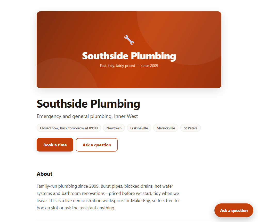 A live MakerBay business page with services, reviews and a booking button